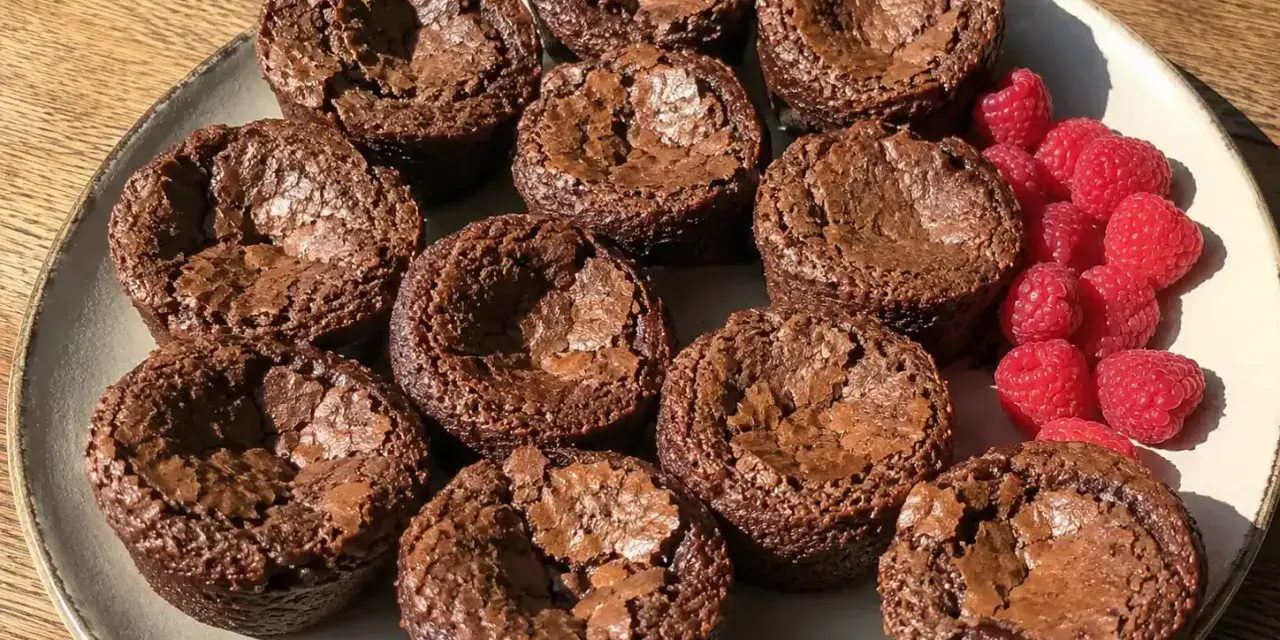 En tallrik med kladdiga chokladmuffins och färska hallon. Perfekt för fikat!