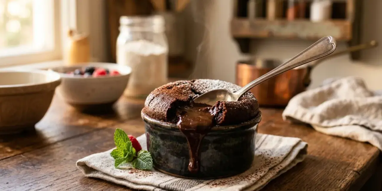 Un fondant au chocolat fumant, cœur coulant, prêt à être dégusté. Une cuillère y plonge, révélant sa richesse.