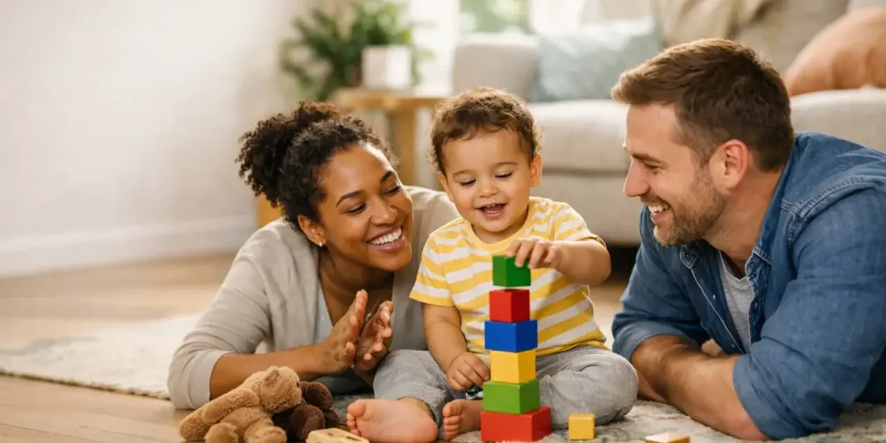 Glückliche Familie spielt mit Bauklötzen. Das Kind lernt spielerisch, wie man spricht, während Mama und Papa zuschauen.