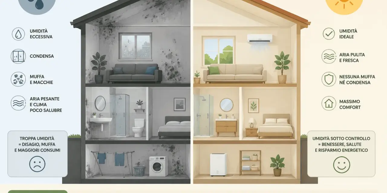Casa con umidità eccessiva e muffa a sinistra, e un ambiente sano con deumidificatore a destra. Finestre aperte o chiuse non cambiano il risultato se l'umidità non è controllata.