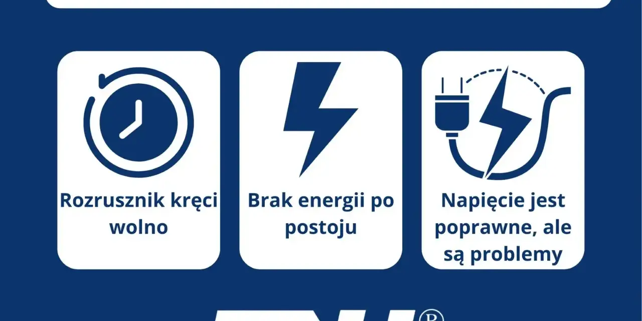 Objawy rozładowanego akumulatora po dłuższym postoju: rozrusznik kręci wolno, brak energii, problemy mimo poprawnego napięcia.