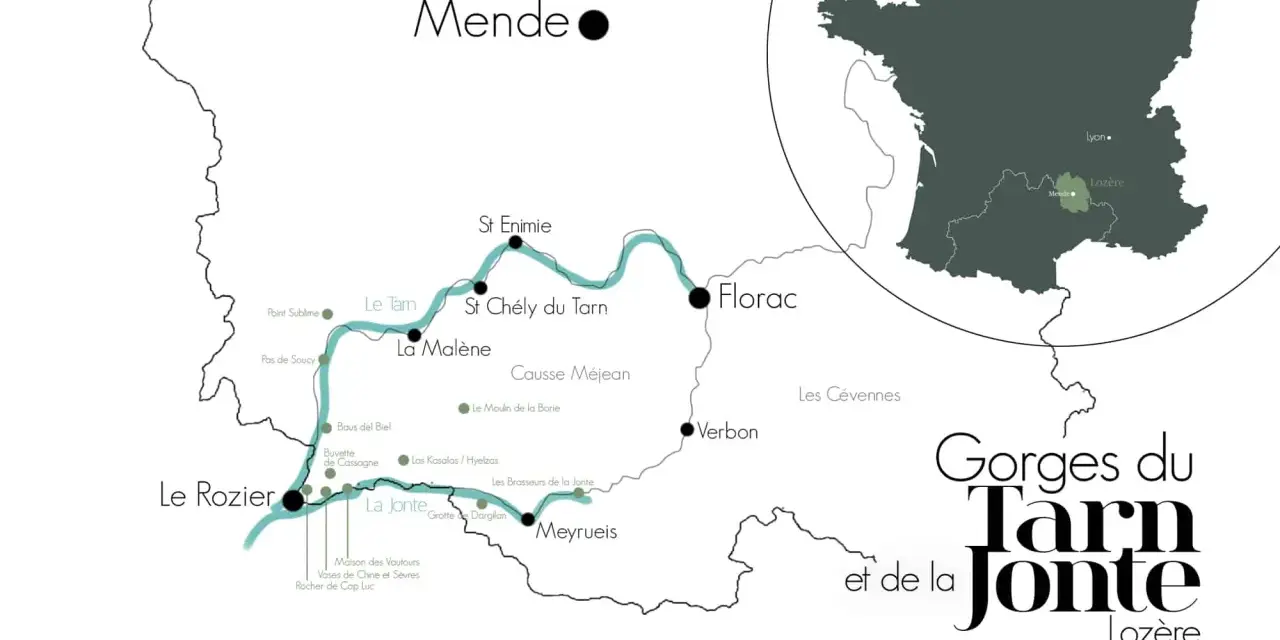Carte des Gorges du Tarn et de la Jonte, montrant les villages, points d'intérêt et la région Lozère.