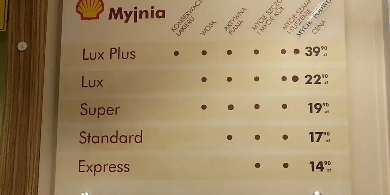 Cennik myjni Shell: Lux Plus (39,90 zł), Lux (22,90 zł), Super (19,90 zł), Standard (17,90 zł), Express (14,90 zł).