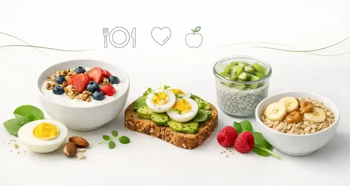 Zdrowe śniadanie: jogurt z owocami, kanapka z awokado i jajkiem, owsianka z bananem i nasiona chia z kiwi.