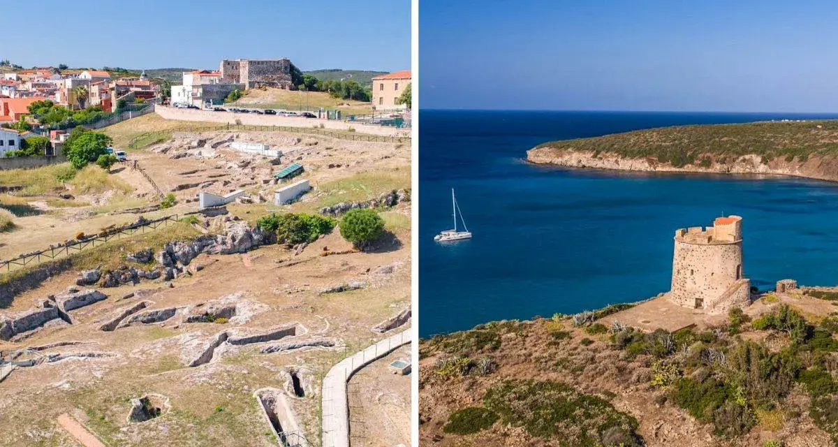 Sant'Antioco, la città più antica d'Italia, mostra le sue rovine archeologiche e la sua torre costiera affacciata sul mare blu.