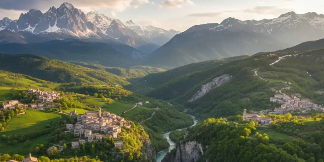 Borghi antichi aggrappati a colline verdi, un fiume azzurro scorre tra valli profonde, con il maestoso monte in Abruzzo che domina l'orizzonte innevato.