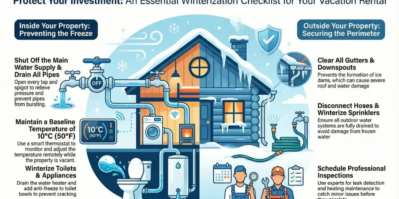 Checklist for how to winterize your home: Shut off water, drain pipes, maintain temperature, winterize toilets, clear gutters, disconnect hoses, and schedule inspections.