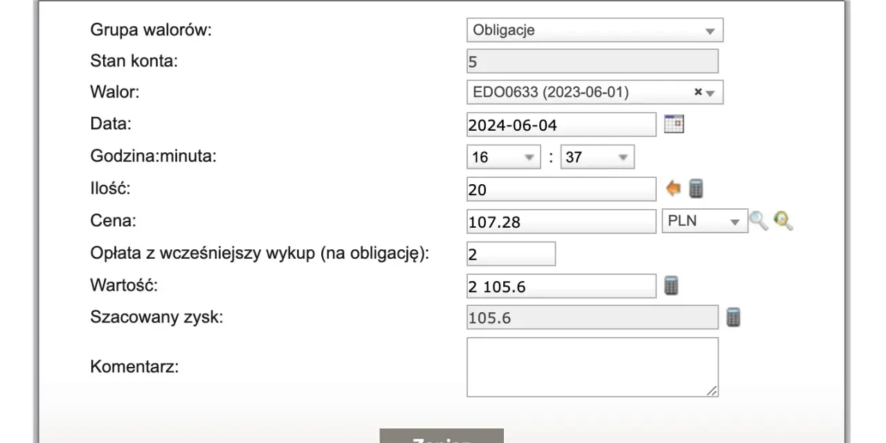 Formularz do przedterminowego wykupu obligacji skarbowych z polami do wpisania danych.