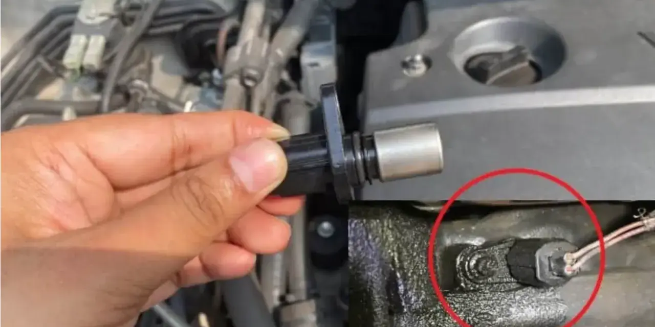 A hand holds a crankshaft position sensor, with a close-up showing the sensor installed. These parts are key to preventing common crankshaft position sensor symptoms like engine stalling.
