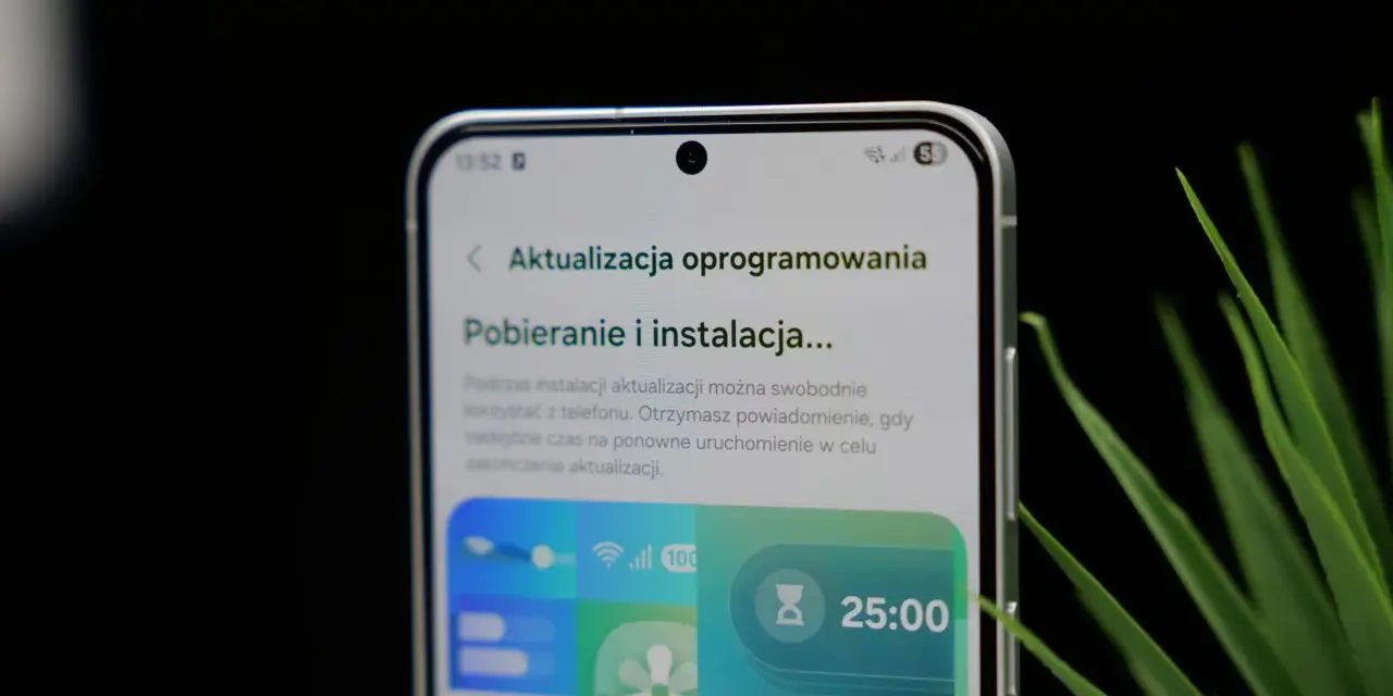Telefon z interfejsem One UI 8.5 pokazuje ekran pobierania aktualizacji oprogramowania. Widoczny jest zegar 25:00.