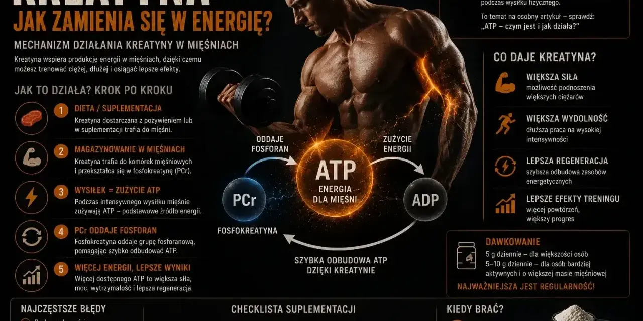 Kreatyna daje siłę, wydolność i regenerację, nawet bez treningu. Pomaga odbudować ATP, paliwo dla mięśni.