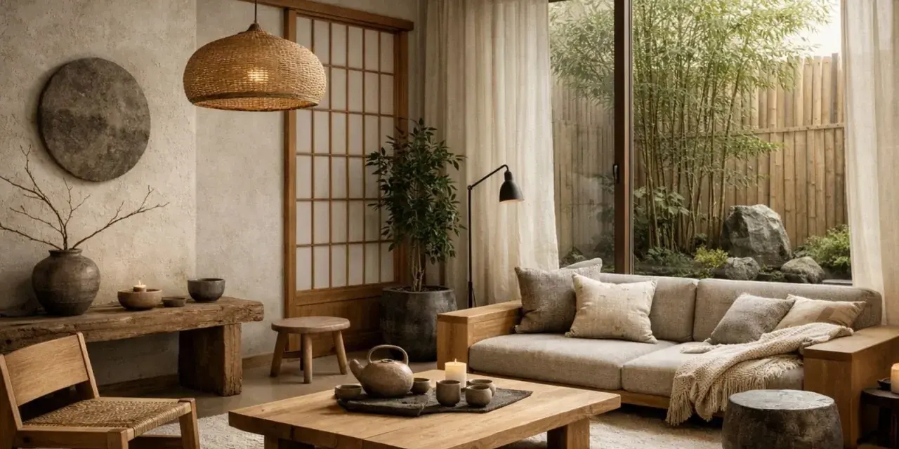 Soggiorno in stile Japandi con divano, tavolino basso in legno, sedia in paglia e vista su un giardino zen.