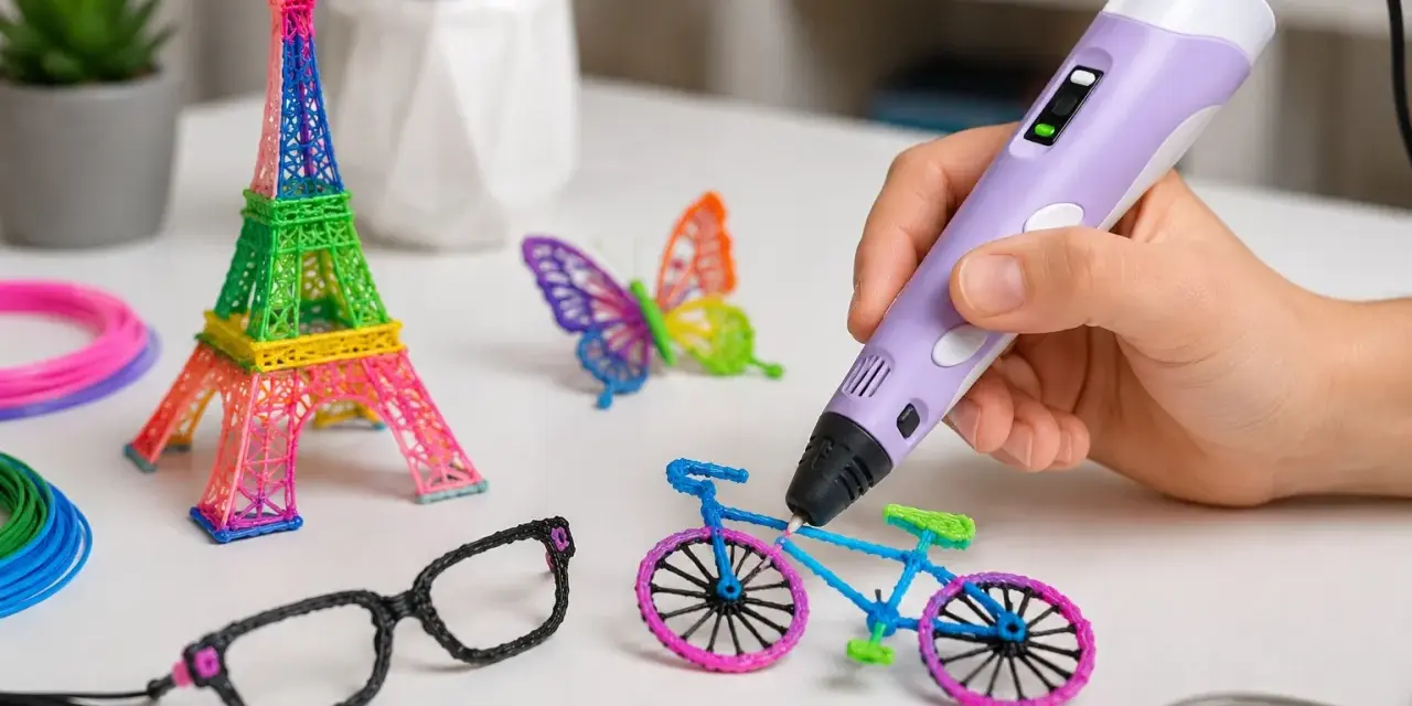 Ręka trzyma fioletowy długopis 3D, tworząc rower. Obok stoją wieża Eiffla, motyl i okulary. Widać też kolorowe filamenty, pokazujące, jak działa długopis 3D.