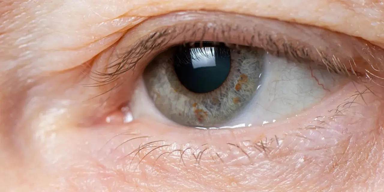 Occhio con palpebra leggermente gonfia, segno di edema oculare da stress. La pelle appare stanca, con sottili rughe e qualche ciglia spezzata.