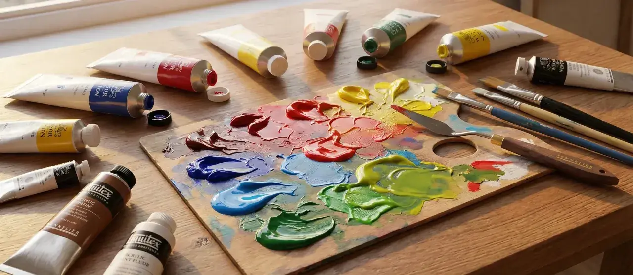 Kolorowa paleta z farbami tempera i akrylowymi, tubki z farbami i pędzle na drewnianym stole.