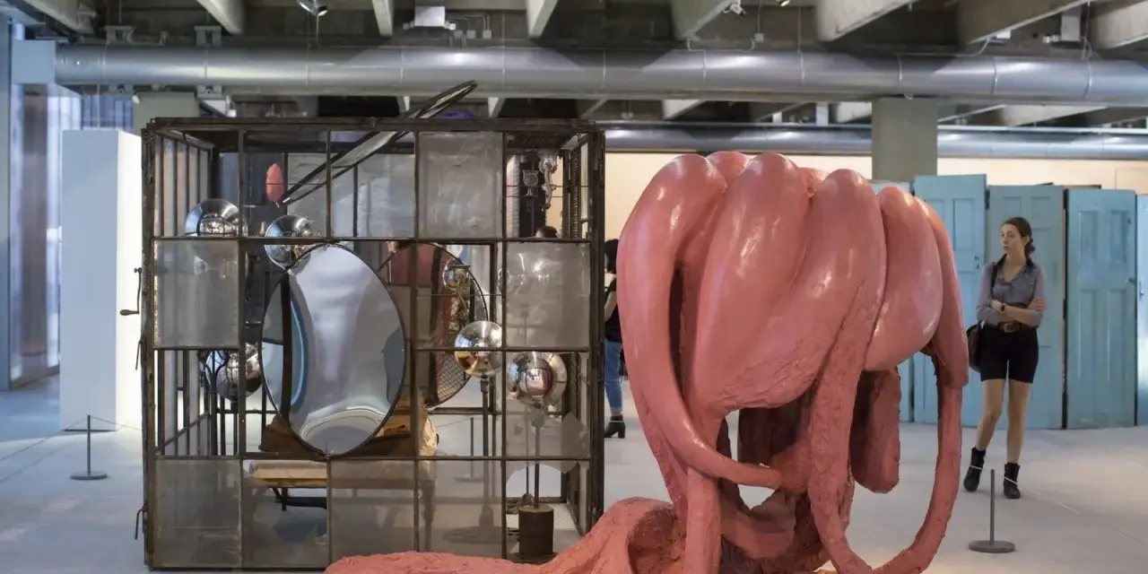 Sculpture rose organique, rappelant l'œuvre de Louise Bourgeois, côtoie une cage métallique remplie de miroirs. Une femme observe l'installation.
