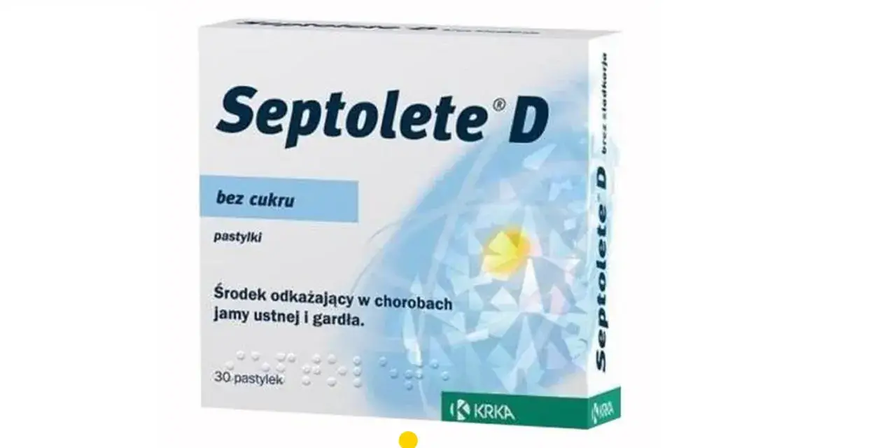 Opakowanie pastylek bez cukru Septolete D, środka odkażającego jamę ustną i gardło. 30 sztuk.