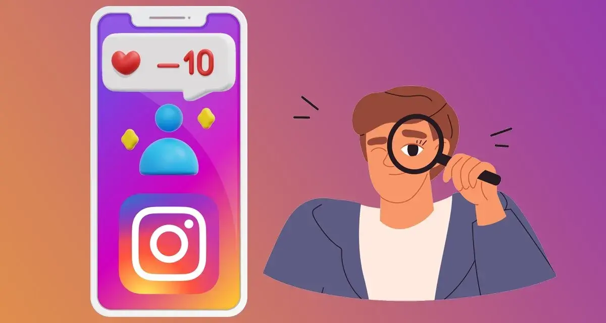 Mann mit Lupe schaut auf Instagram-App mit Herz und -10 Followern.
