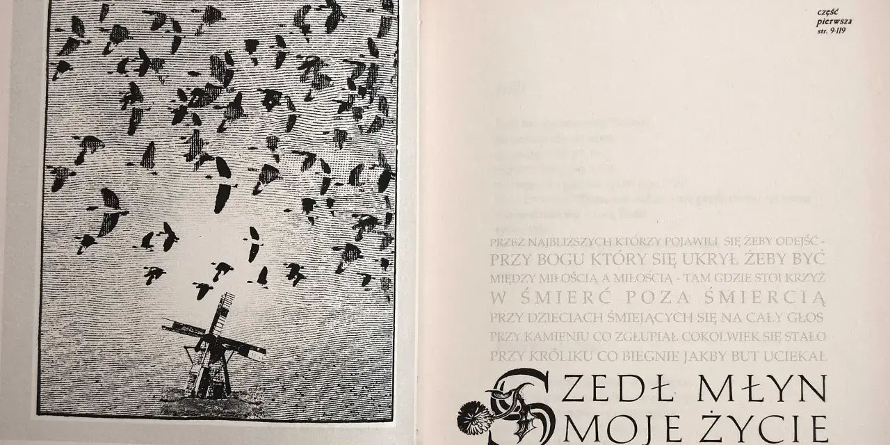 Ilustracja do wiersza Jana Twardowskiego: wiatrak i stado ptaków w locie. "Zedł młyn moje życie".