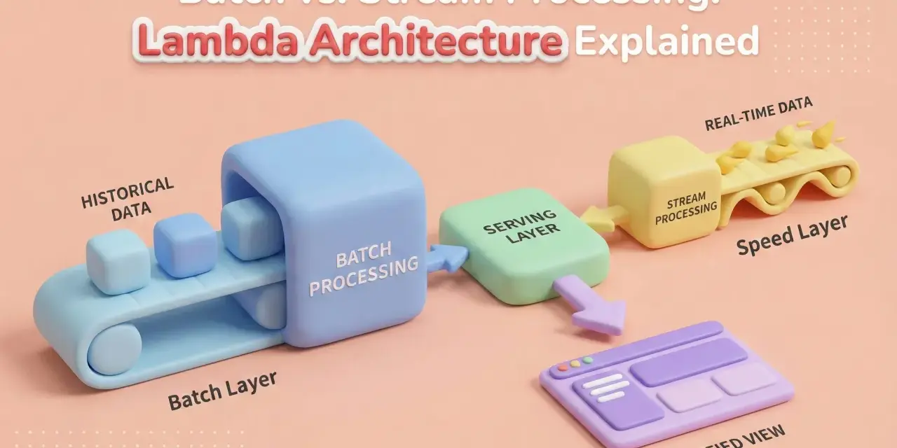 Die Lambda-Architektur erklärt: Historische Daten werden im Batch verarbeitet, Echtzeitdaten im Speed Layer, beide fließen in die Serving Layer für eine einheitliche Ansicht.