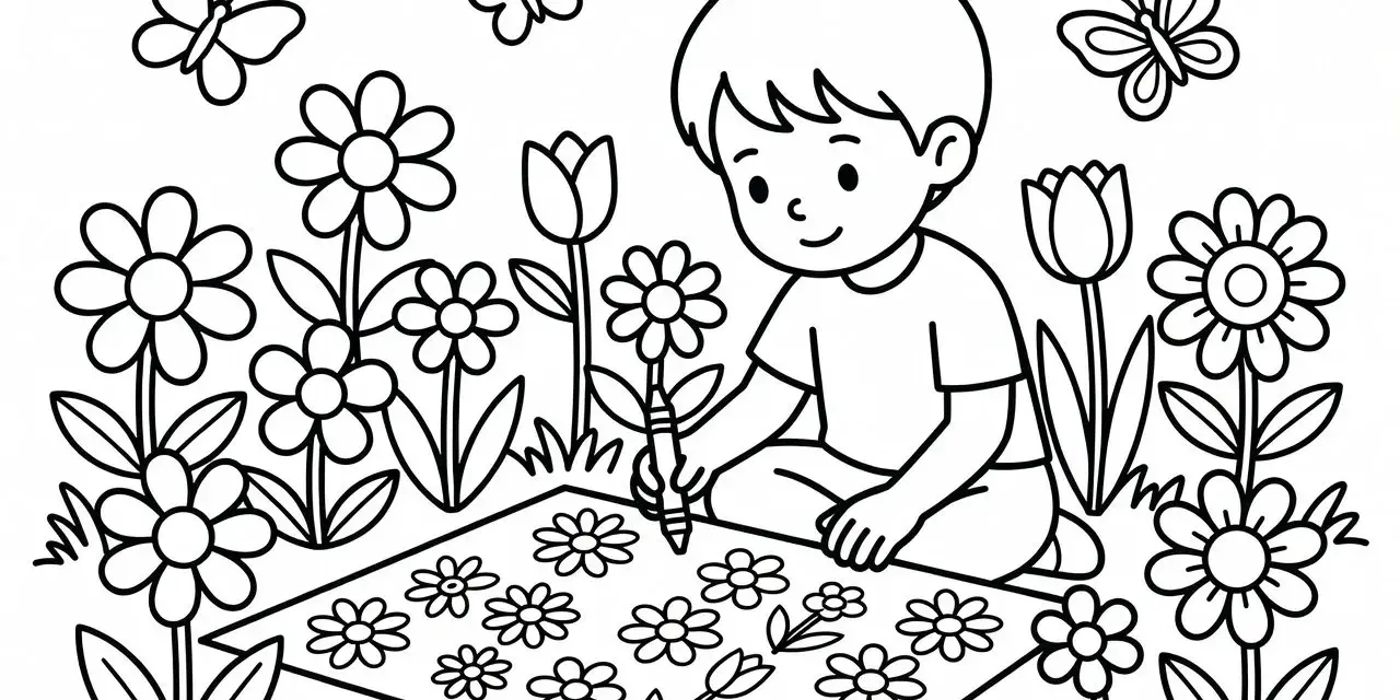Un jeune garçon, parfait pour les débutants en dessin noir et blanc, dessine des fleurs et des papillons dans un jardin.