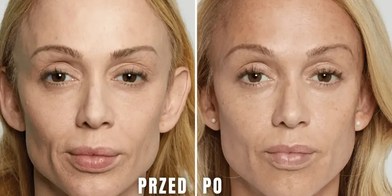 Przed i po zabiegu: wygładzenie skóry pod oczami dzięki kwasowi polimlekowemu. Skóra wygląda na bardziej napiętą i odmłodzoną.