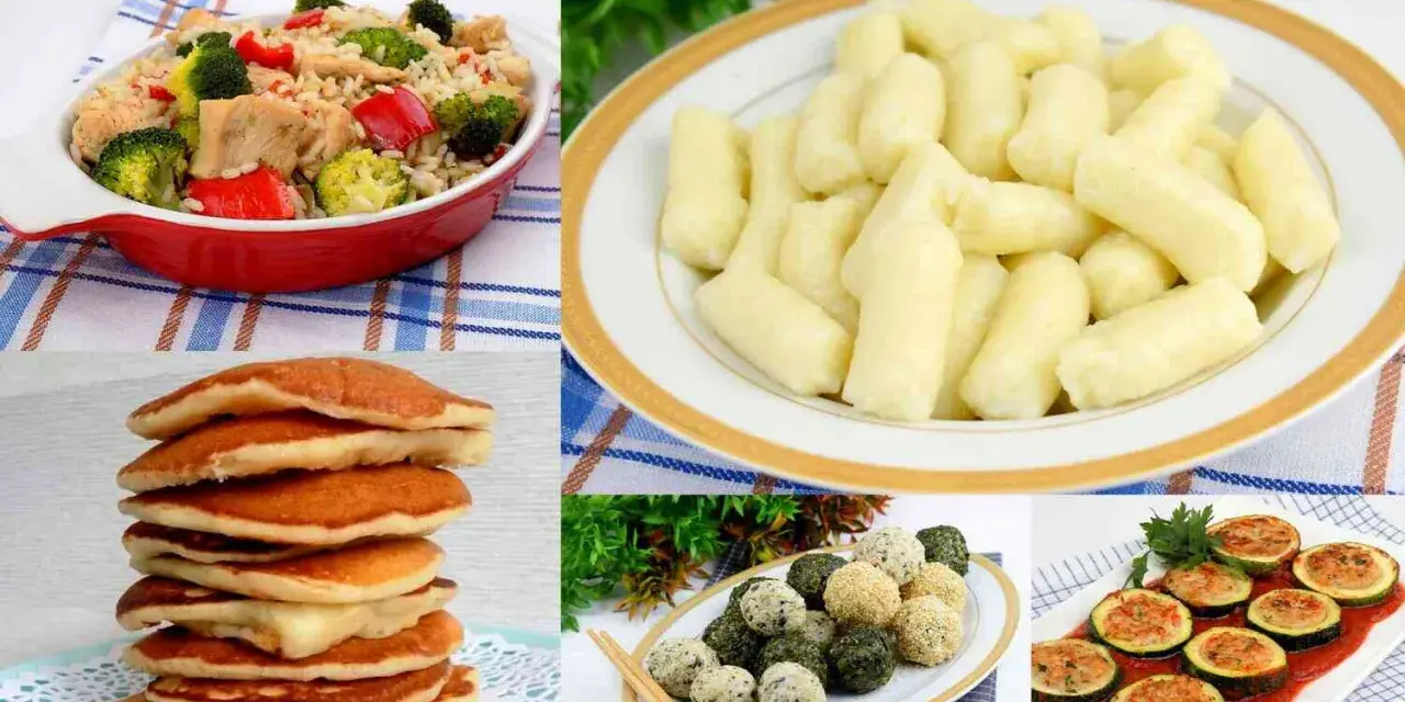 Kolorowy kolaż potraw: ryż z warzywami, kluski, naleśniki, kulki ryżowe i faszerowana cukinia.