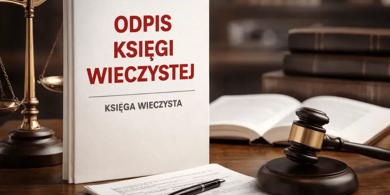 Odpis księgi wieczystej: kto może uzyskać ten dokument? Na biurku prawnika leży księga, waga sprawiedliwości i młotek sędziowski.
