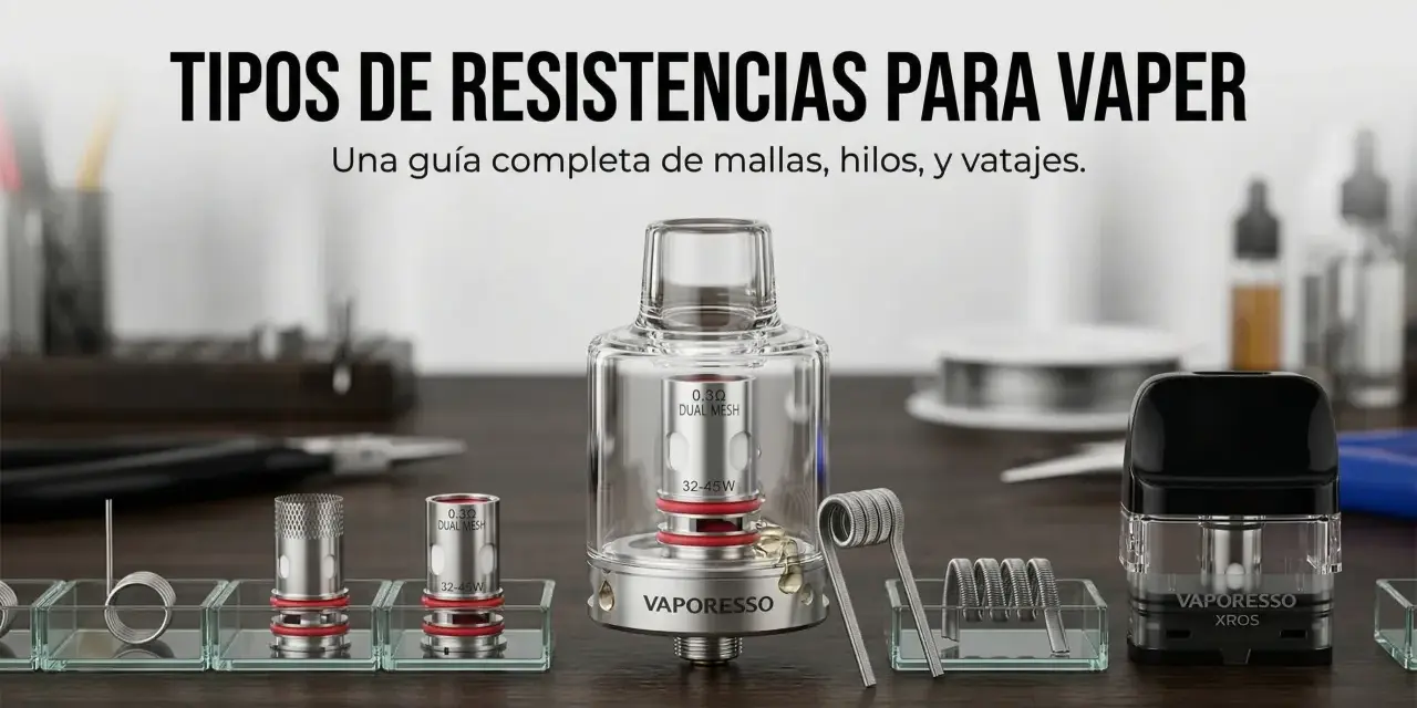 Resistencias para vaper, hilos y herramientas de coil master en exhibición.