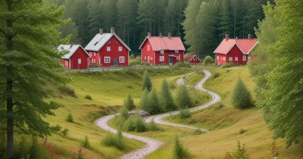 Röda hus i Småland, slingrande väg genom grönskande landskap. Perfekt för udda utflykter småland.