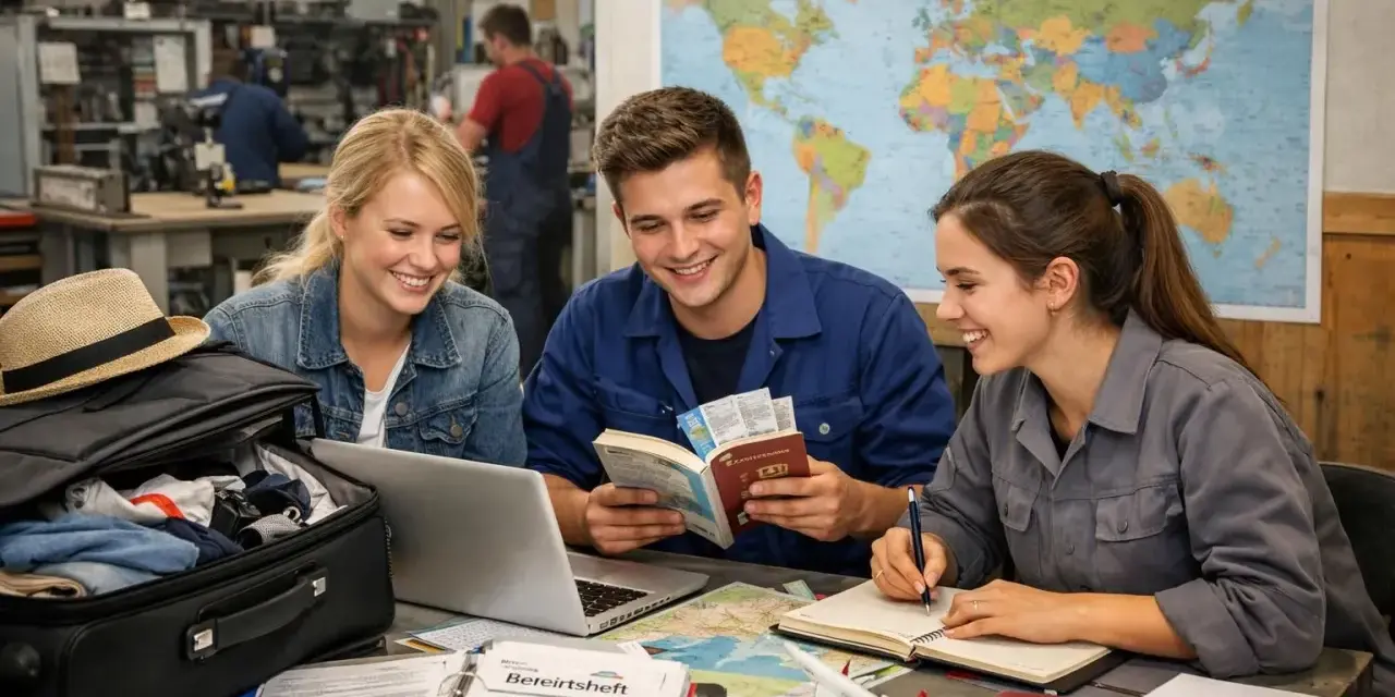 Drei junge Leute planen ihre berufsausbildung usa vergleich. Sie sitzen an einem Tisch mit einer Weltkarte, Pässen und einem Koffer.