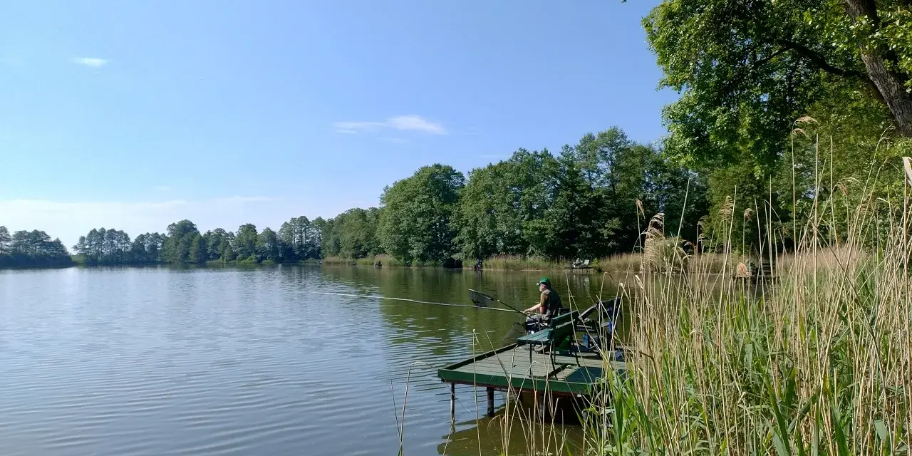 Wykaz wód PZW Poznań: wędkarz siedzi na pomoście, łowiąc ryby na spokojnym jeziorze, otoczonym zielenią.