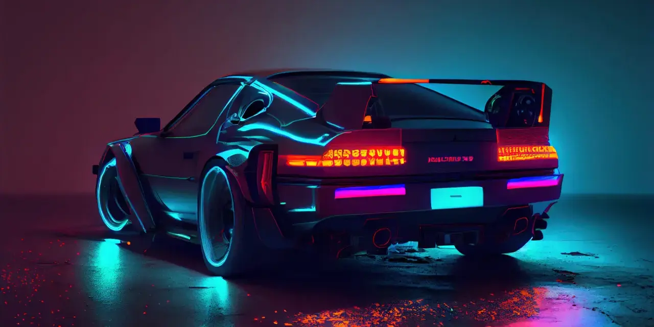 Neonowe, tanie sportowe auta w stylu retrofuturystycznym, odbijające się w mokrej nawierzchni.