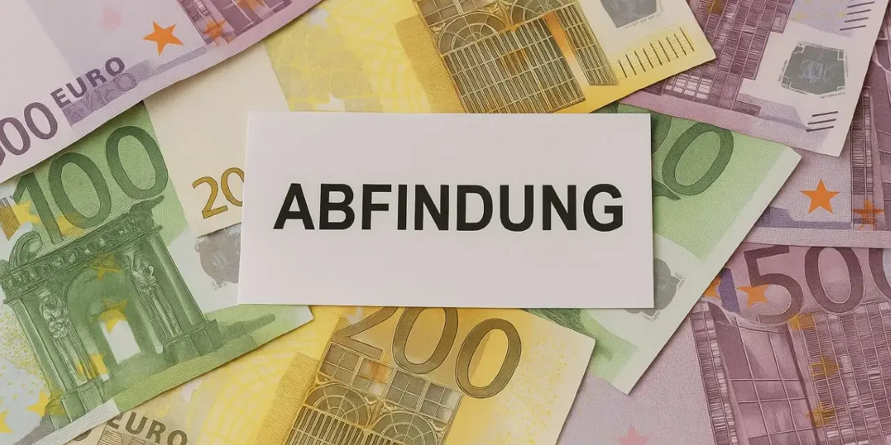 Euro-Scheine liegen unter einem Zettel mit dem Wort "Abfindung". Vielleicht eine finanzielle Unterstützung für jemanden, der mit 64 Jahren in den Ruhestand geht.
