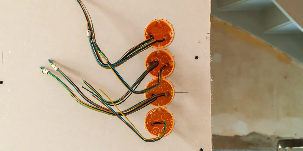 Instalacja elektryczna w trakcie prac. Widoczne puszki instalacyjne i kolorowe przewody wychodzące ze ścianki działowej.