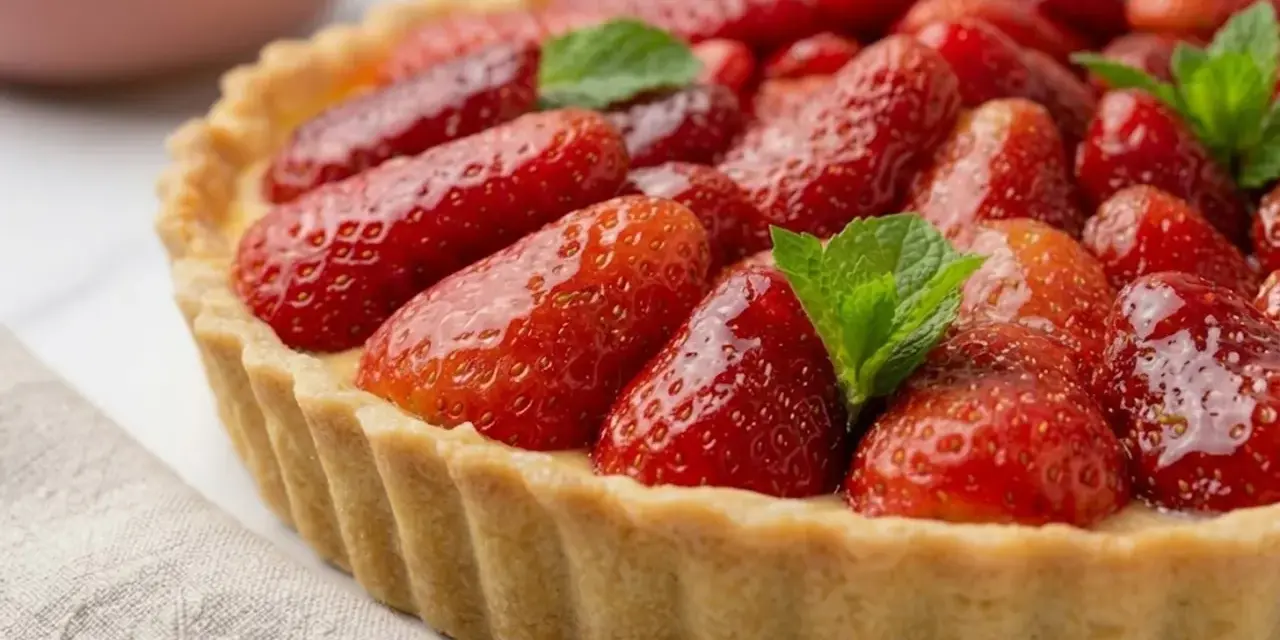 Tarte aux fraises fraîchement préparée, garnie de fruits rouges brillants et de feuilles de menthe, sur un fond clair.