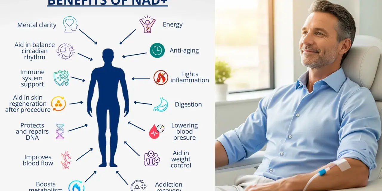 Mężczyzna w klinice, poddawany terapii NAD+. Infografika przedstawia korzyści, m.in. poprawę metabolizmu, wsparcie odporności i regenerację skóry, co może być związane z fosydyną.