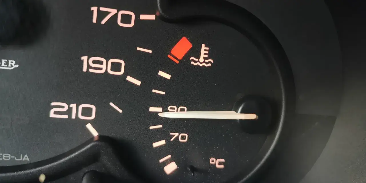 Wskaźnik temperatury płynu chłodniczego diesel pokazuje 90°C. Czerwona kontrolka ostrzega przed przegrzaniem.