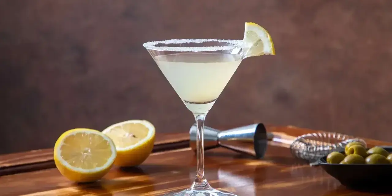 Elegancki drink Martini Bianco z cytrynową ozdobą i słonym rantem, obok połówki cytryny i oliwek.