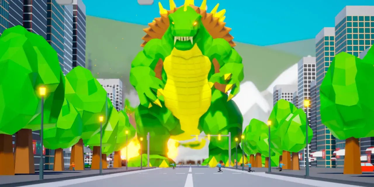 Un enorme monstruo verde estilo anime irrumpe en la ciudad, ¡listo para la acción en tus juegos anime pc!