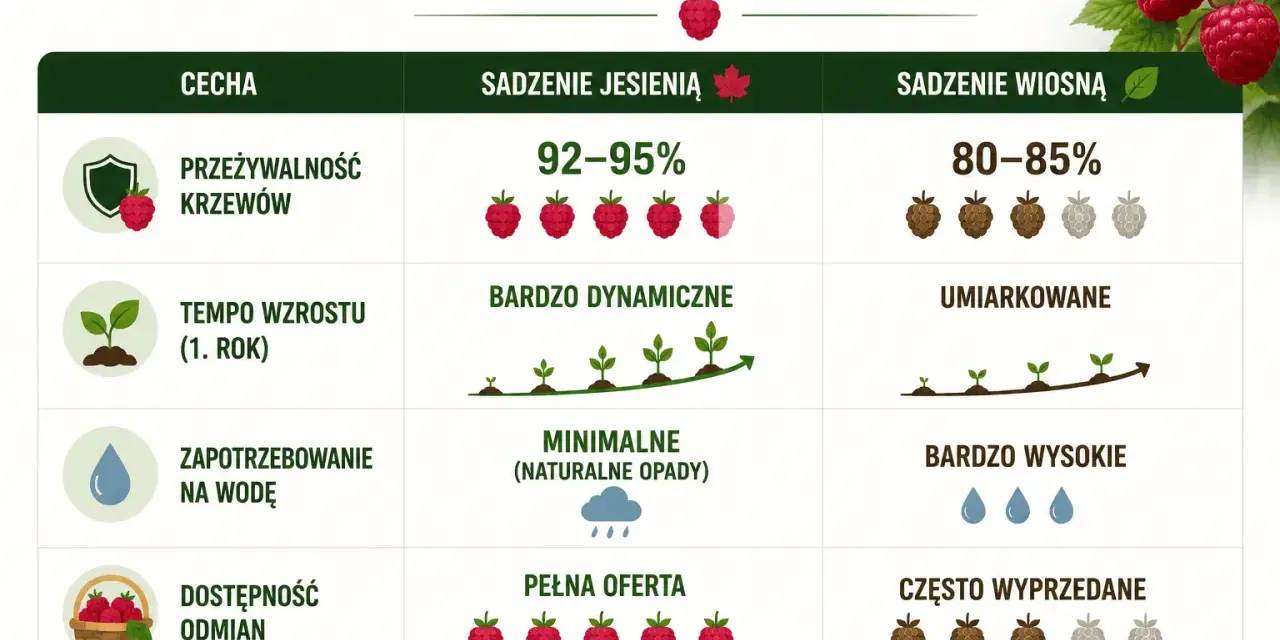 Kiedy sadzić maliny? Jesienią mają lepszą przeżywalność (92-95%), dynamiczny wzrost i pełną ofertę odmian. Wiosną jest umiarkowanie.