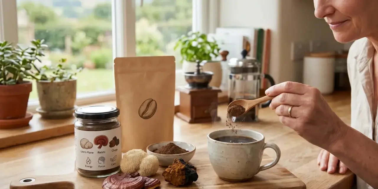 Une femme ajoute une cuillère de poudre à sa tasse de café, entourée de champignons médicinaux comme le chaga, pour profiter de ses bienfaits.