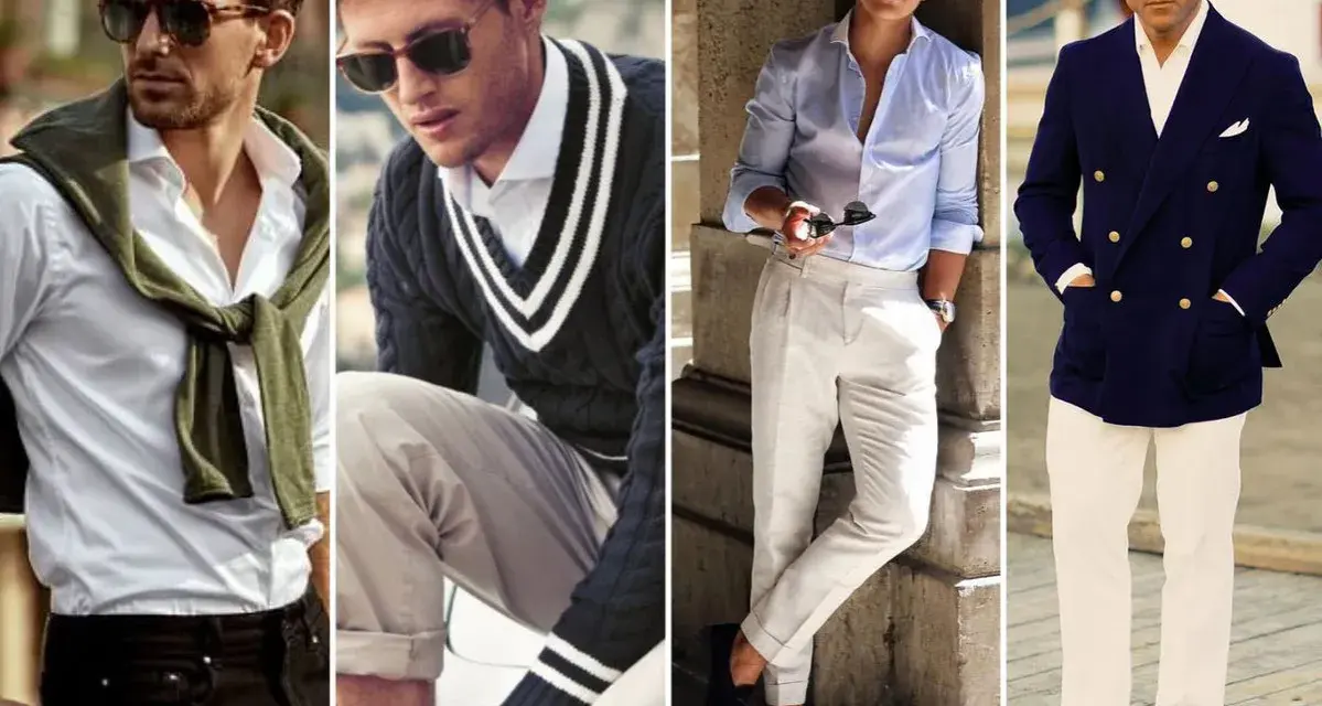 Cuatro hombres con estilo "old money": camisas, suéteres, pantalones de lino y blazers, todos con un aire de elegancia atemporal.