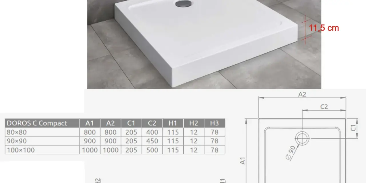 Biała, kwadratowa brodzik prysznicowy. Wymiary: 80x80, 90x90, 100x100 cm. Wysokość 11,5 cm.