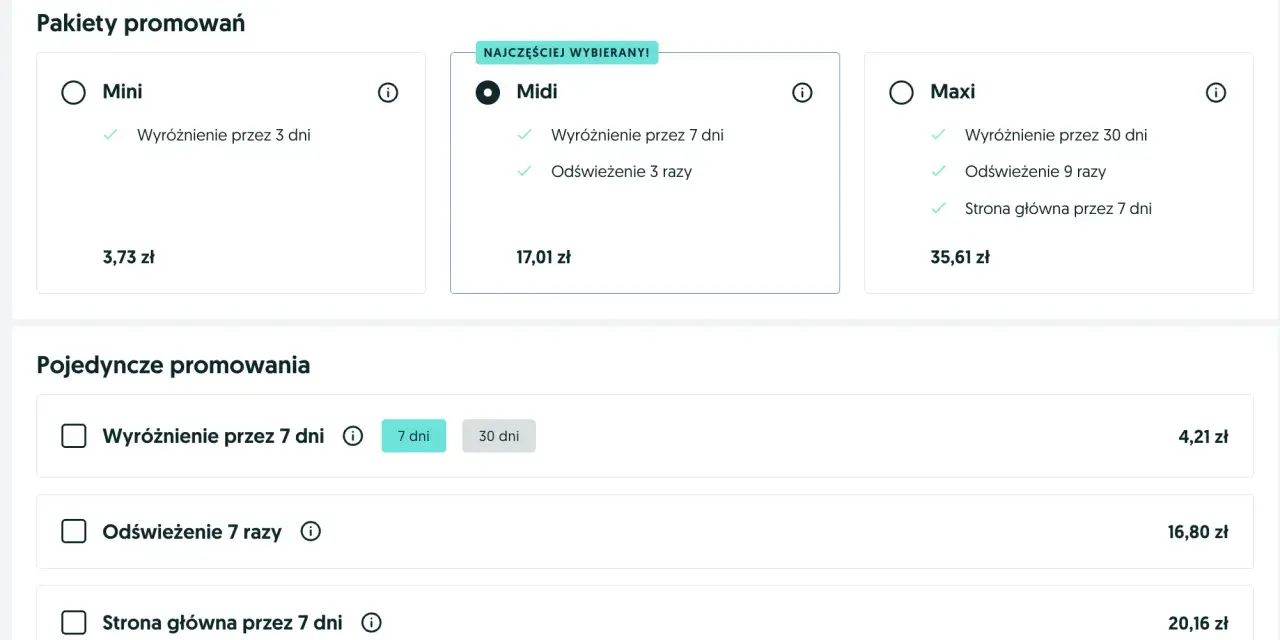 Ile kosztuje wystawienie samochodu na OLX? Sprawdź pakiety promowań: Mini (3,73 zł), Midi (17,01 zł), Maxi (35,61 zł) i pojedyncze opcje.