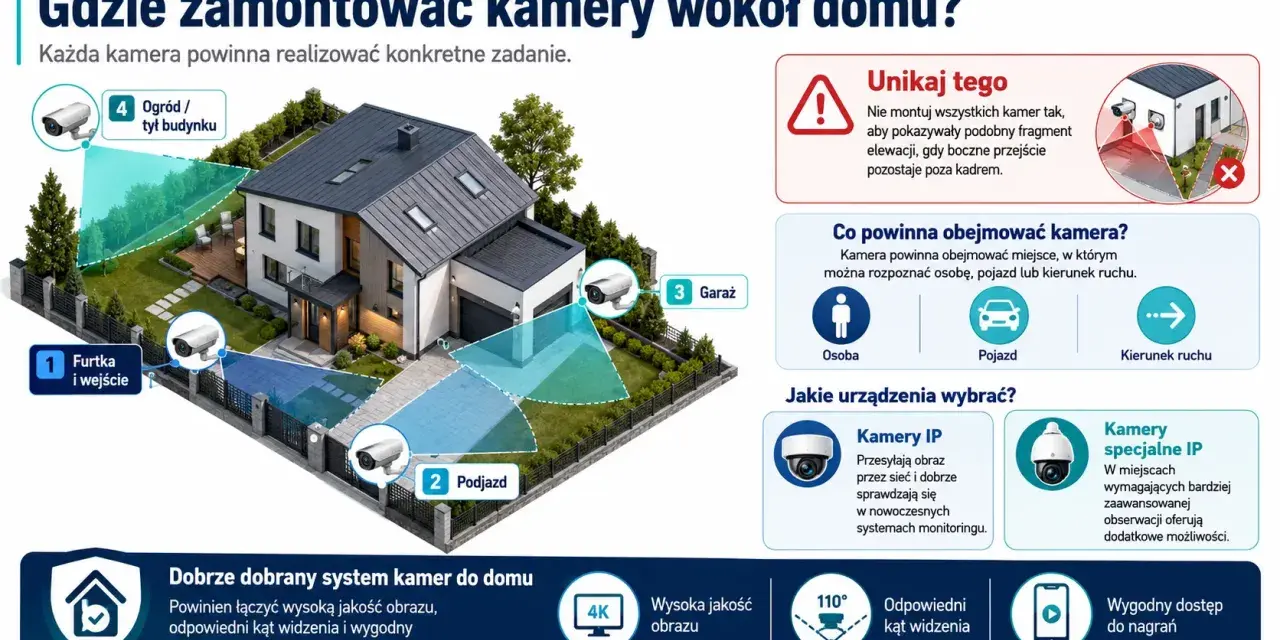 Ilustracja pokazuje, jak zamontować kamery wokół domu, wskazując optymalne miejsca: furtka, podjazd, garaż i ogród.