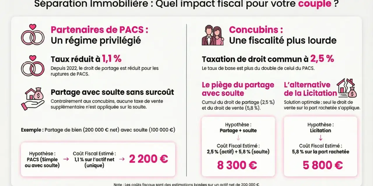 Séparation immobilière : PACS vs concubinage. Impact fiscal sur le crédit maison en cours. Le PACS offre un taux réduit de 1,1% pour le partage.