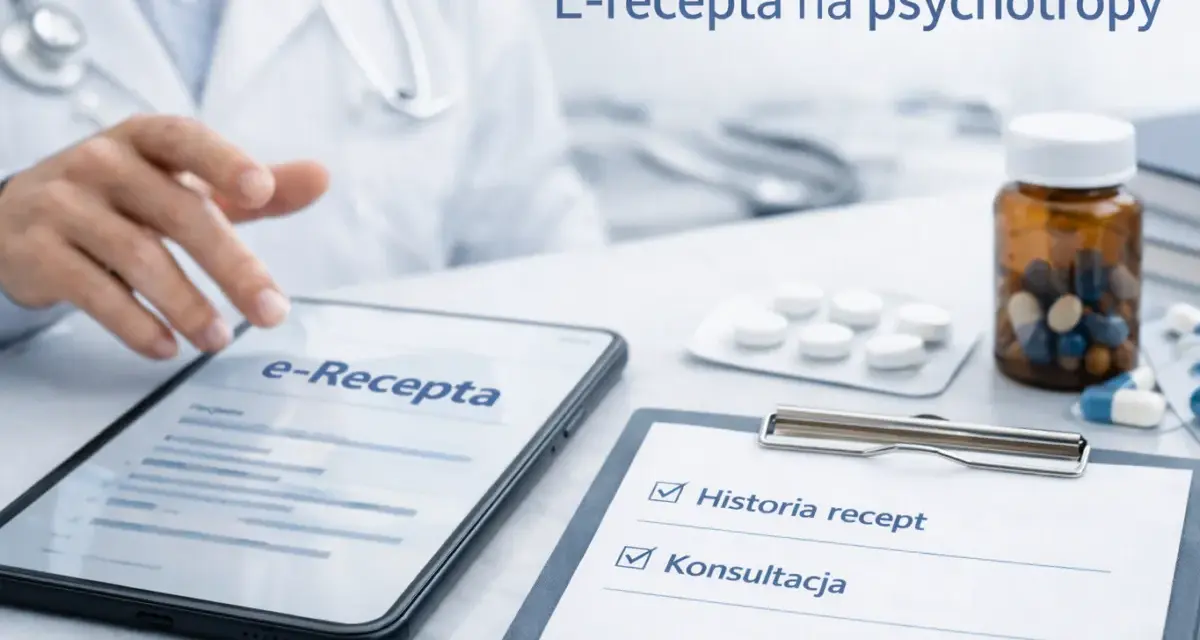 Lekarz korzysta z tabletu z napisem "e-Recepta", przygotowując się do wypisania recepty na leki psychotropowe. Obok leki i dokumentacja medyczna.