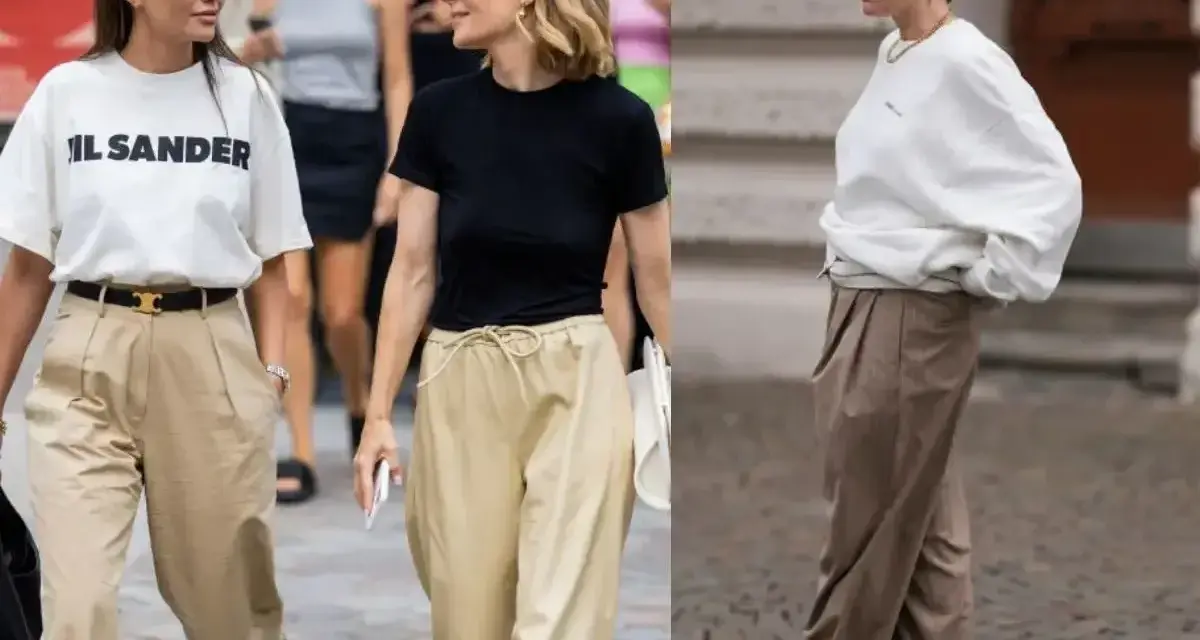 Stylizacje z beżowymi spodniami: biały T-shirt, czarna bluzka i biała bluza. Jaka bluzka do beżowych spodni? Oto inspiracje.