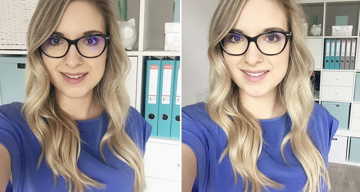 Fajne profilowe na IG! Uśmiechnięta blondynka w okularach, porównanie ujęć daleko i blisko okna.